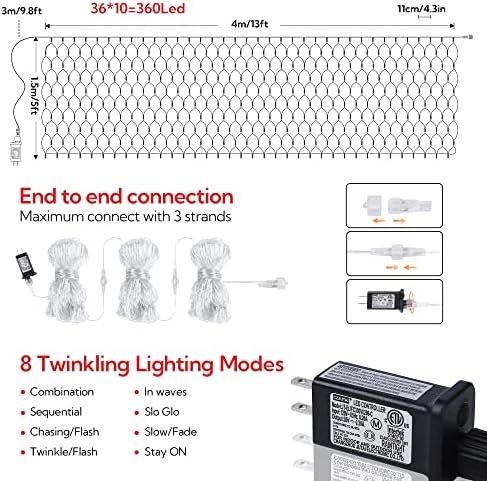 Luzes de rede de natal ao ar livre de ar livre, 13ftx5ft 360 luz de fada LED com 8 modos de iluminação, luz
