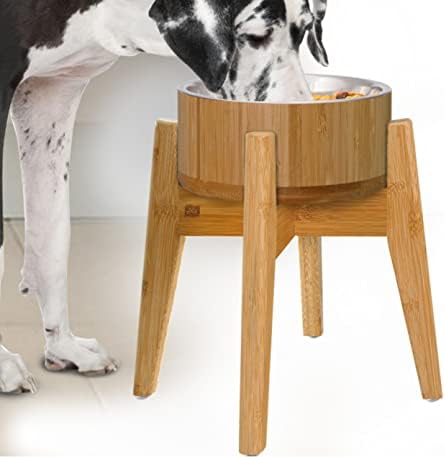 Conjunto elevado de tigela de cachorro de bambu - vem com revestimento inoxidável e suporte de madeira - prato de