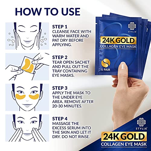 Stylia 24k Gold sob remendos oculares - 30 pares sob máscara ocular com ácido hialurônico, colágeno hidrolisado,