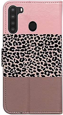 Caixa do BCOV Galaxy A21, capa preta de lasca de couro de leopardo rosa com tampa de carteira com slot de cartas