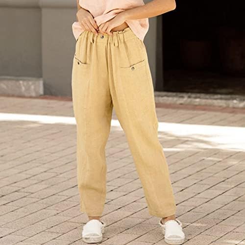 Wybaxz 2023 Summer Casual Solid Cotton Linen Calça para mulheres elásticas de cintura alta calça com bolsos