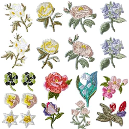 Yayatty 20 PCs Flores de ferro em remendos, Rose Lily Flores costuram em manchas Apliques bordados de adesivos