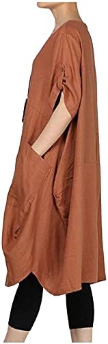 Vestido de linho feminino vestido de túnica redonda de manga curta solta harajuku vestidos estéticos sólidos