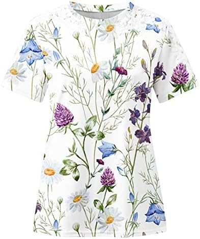 Blusas para mulheres renda de renda de manga curta renda no pescoço de pescoço de borboleta gráfica floral solta