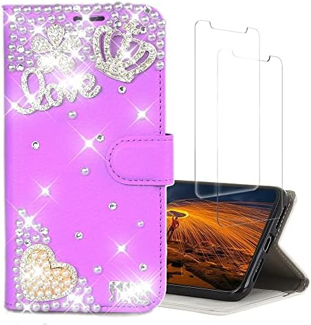 Caixa da carteira de glitter Compatível com Samsung Galaxy S21 2021, As -Zeke 3D Crown Handmade Pearl Heart