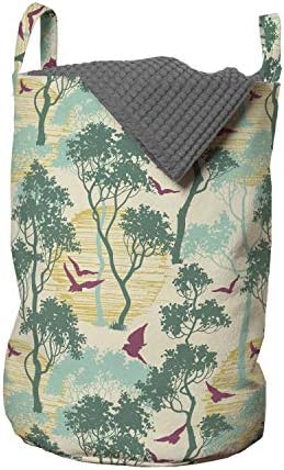 Bolsa de lavanderia da floresta de Ambesonne, árvores e pássaros voando traçados à mão, cesto de cesto com