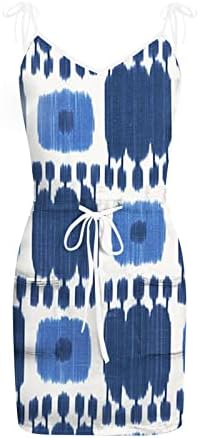 IQKA Women Camis Dress Ty Tye Print Mini vestidos de praia Sundress de cintura elástica de pescoço com