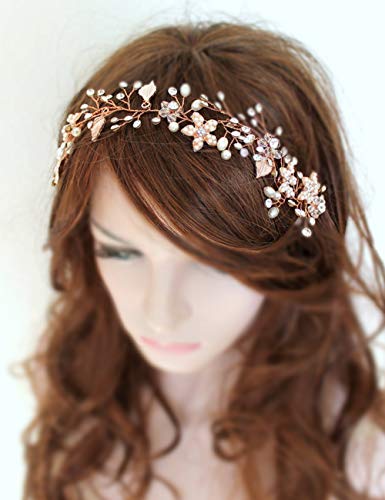 MissGrace Bridal Rose Gold Gold Crystal and Beads Fanking Wedding Hair Hair Vine Vine Bridal Hair