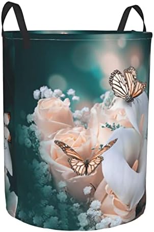 Lavanderia de flor e borboleta cesto redondo cesto de lavanderia com alça para a roupa de banheiro de quarto