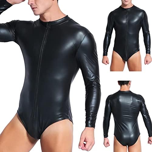 Lejafay Men's Wet Look Bodysuit de couro Bulge bolsa de collant zíper zentai gatsuit singlet wrestling