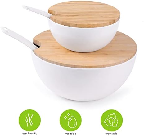 Limpe a salada grande e a tigela de servir com tampa e servidores de madeira de bambu 8pc - 11,5