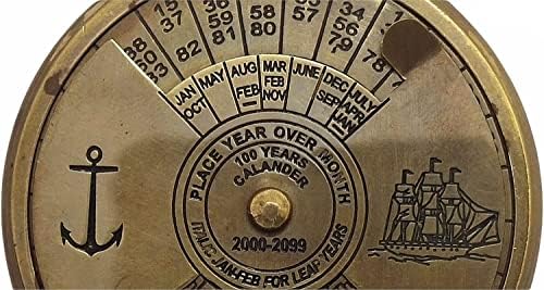 Antiqueara 2 polegadas de latão antigo 100 anos de calendário perpétuo Chaveiro com World Time Time Pequeno