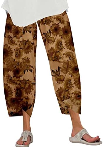 Calças Ethkia Capri para mulheres, calça de linho de algodão cortada de algodão alta perna de perna larga com