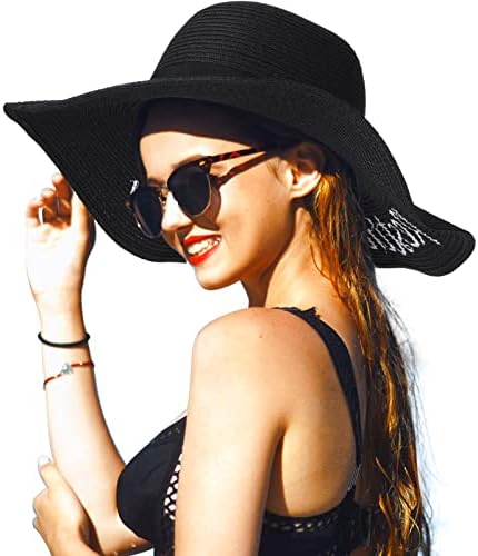 3 PCs chapéus de praia frouxos para mulheres meninas chapéu de palha dobrável Black Sun com larga