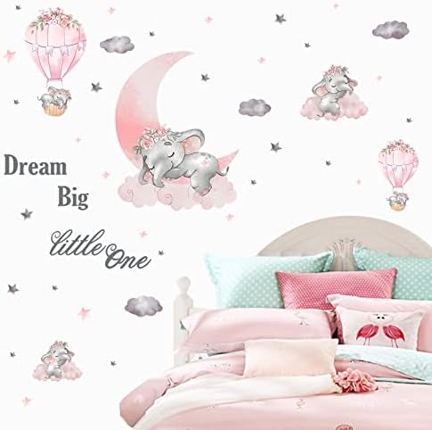 Sonhe Big Little One One Pink Elephant Wall Adreters, Jopbeng Moon Balão de ar quente Cinza estrelas