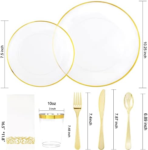 Liyh 210pcs placas plásticas claras e douradas, louça de plástico dourado, placas transparentes