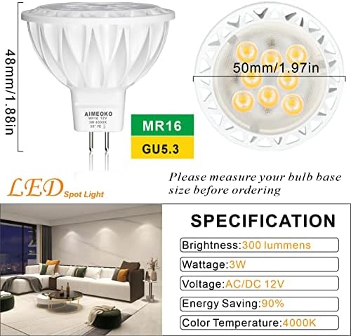 Aimeoko MR16 lâmpadas LED 3W, 4000K Luz natural, GU5.3 Base Bi-PIN AC/DC 12V Spotlight, não-minimizível,