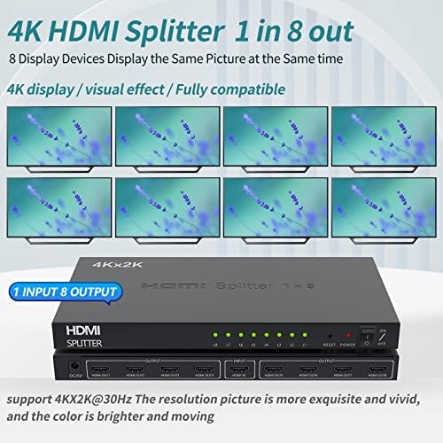 Splitter HDMI 1 em 8 Out, divisor de vídeo de áudio Splitter 1x8 4K HDMI, para divisor HDMI para multi-display,