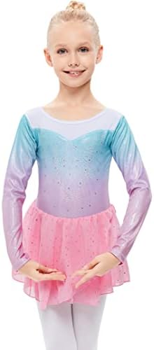 Lionjie meninas de manga comprida Diamante brilhante Ginástica Folastics com Tutu Dress Skirt Ballet Dance