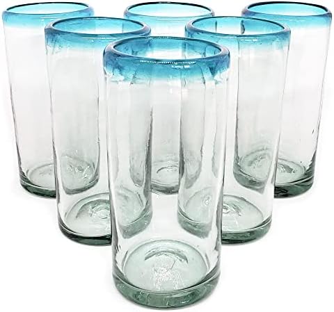 Mexhandcraft aqua azul aro de 20 onças de altura de chá gelado, conjunto de 6, copos artesanais