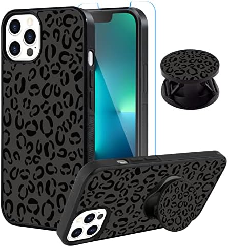 Sakuulo iPhone 13 Pro Case, [Protetor de tela + Kickstand] Design de Cheetah de Leopardo Negro, Anti-Slip à