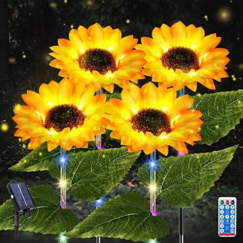 Luzes solares de girassol Decorações de jardim ao ar livre, luzes de flores solares de 4 em 1 com remoto, 8 modos