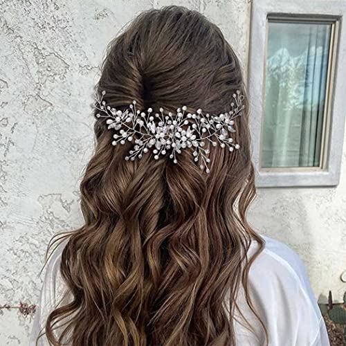 Easedaily Pearl Bride Wedding Hair Vine Silver Flow Folheard Pieces Cristal Bridal Hair Acessórios