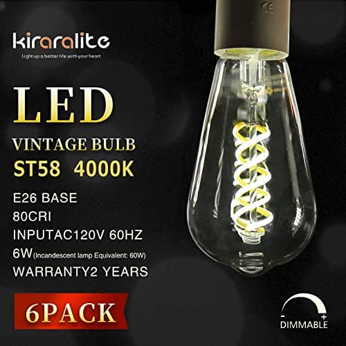 KIRARALITE ST19 LED LUZ EDISON, vintage, 6 pacote, 4000K branco natural, lâmpada de filamento em espiral flexível