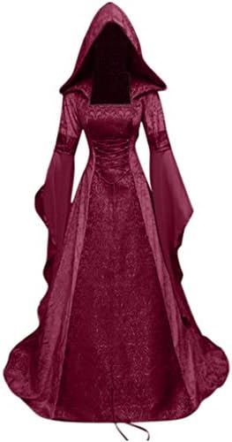 Vestido medieval de zefotim, vestido de bruxa vintage para mulheres com capuz de manga trompa
