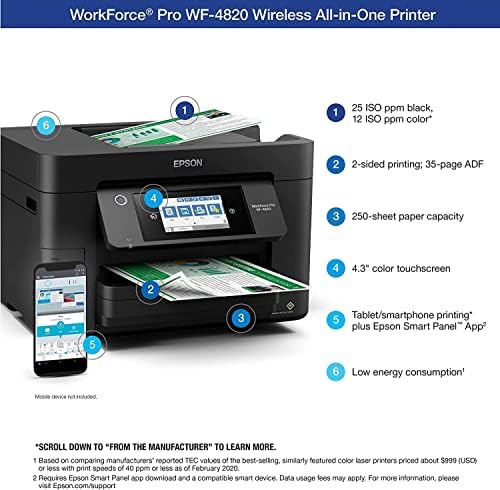 Epson Workforce Pro WF-4820 Impressora de jato de tinta colorida sem fio-impressão-Fax-25 ppm, 4800 x 2400 dpi,