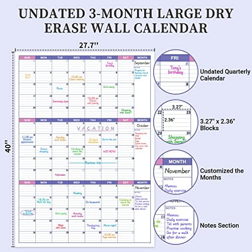 Grande calendário de apagamento seco para parede - calendário de parede sem data de 3 meses, 27,7