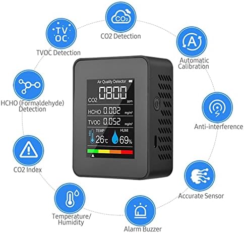 Monitor de qualidade do ar preto Monitor de CO2 Indoor Monitor Digital TVOC HCHO para escritório em casa