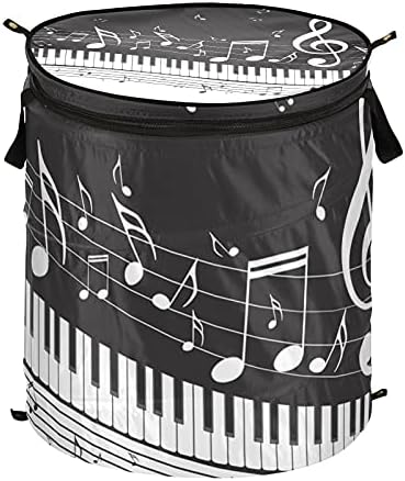 Piano Keys Note musical Pop up Laundry Horty com tampa com zíper cesta de roupa dobrável com alças Organizador