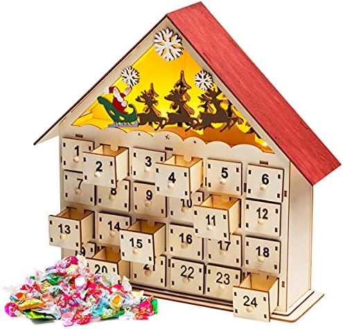 Joiedomi 2022 Christmas LED Wooden Advent Calendar com 24 gavetas, 24 dias de contagem regressiva DIY Calendário