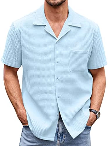 Botão de camisa de waffle masculina de coofandy camisa de manga curta solta tampa de praia cubana