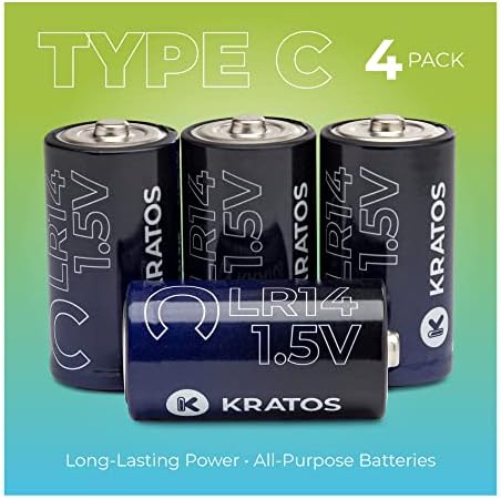 Baterias C Kratos Power C - Baterias alcalinas de 4 compacta - Bateria C denominadas para todos os fins - Vida de