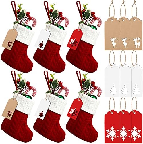 Kathfly 6 peças Mini Cable Knit Christmas Meking com tags 7 polegadas de malha Decorações de meias rústicas Xmas