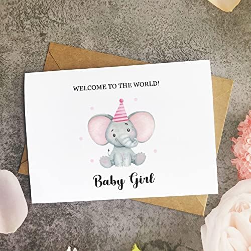Cartão de bebê de elefante rosa para menina, fofo bem -vindo ao cartão Wold Baby Girl