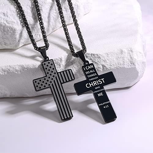 APSVO 22+2 polegadas American Bandle Cross Colar, aço inoxidável Inspirational Bible Verse Crain Pinging