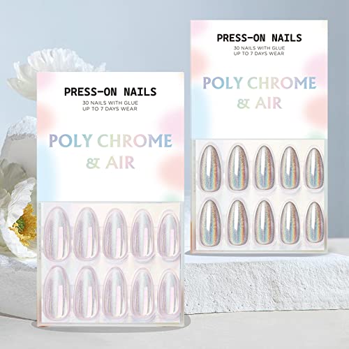 Polychrome & Air Press on Nails- Holográfico | Unhas de amêndoa curta média, kits de unhas reutilizáveis