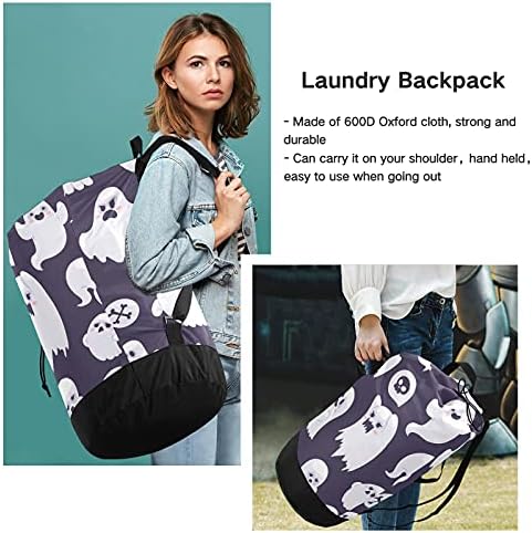 Feliz Halloween Ghost Skull Monster Laundry Bag com tiras de ombro para lavanderia Backpack Bolsa