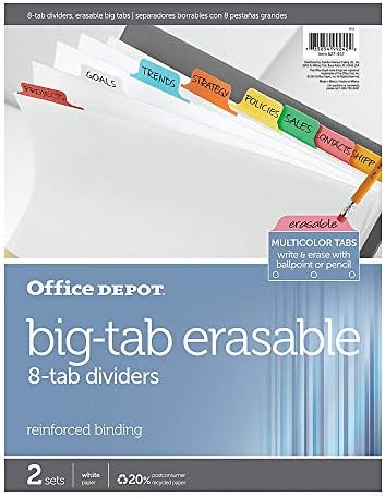 Office Depot apagável Big Tab Divishers, 8-TAB, cores variadas, pacote de 2 conjuntos, 3585478687