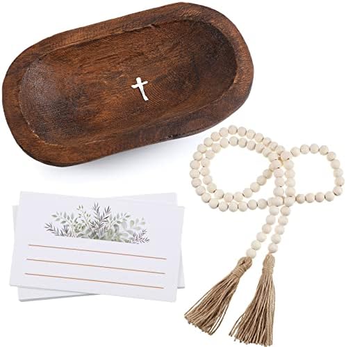 Kathfly Prayer Dough Bowl Tigela decorativa de madeira com cruz e cartões de 58 polegadas Garland rústica