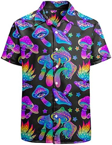 Camisa havaiana de cogumelos mágicos huglazy para homens coras coloridas grandes e altas manga curta