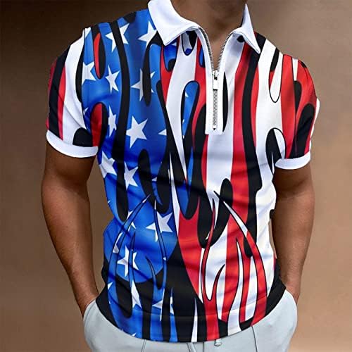 Camisas pólo para homens angustiados Retro USA Flag Print Golf Polo Camisa 1/4 Zip Slim Fit 4 de julho