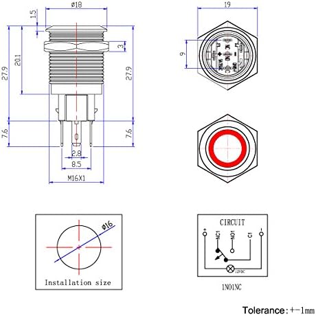 Interruptor de botão momentâneo Ulincos® U16F1 1NO1NC CHELL METAL METAL COM RIM RED LED adequado para orifício