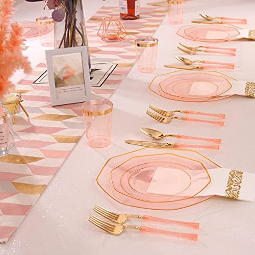 Kire 20 convidados placas plásticas rosa transparentes com aro dourado e talheres de plástico