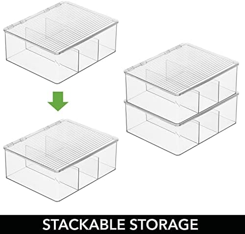 Mdesign plástico empilhável Bin Storage Bin com tampa articulada, 3 compartimentos divididos; Para