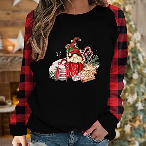 Camisas de Natal para mulheres gnomos impressão gráfica Pullover de manga longa T-shirt Casual moda xadrez
