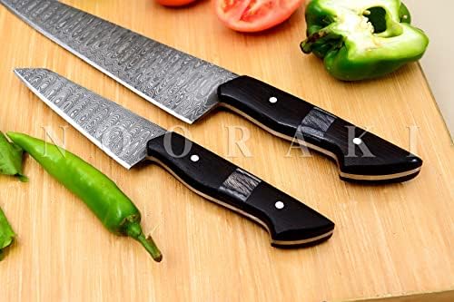 NOORAKI KS-337 Hand forjado Damascus Steel Chef Knife 2 peças conjuntos com belo padrão de escada